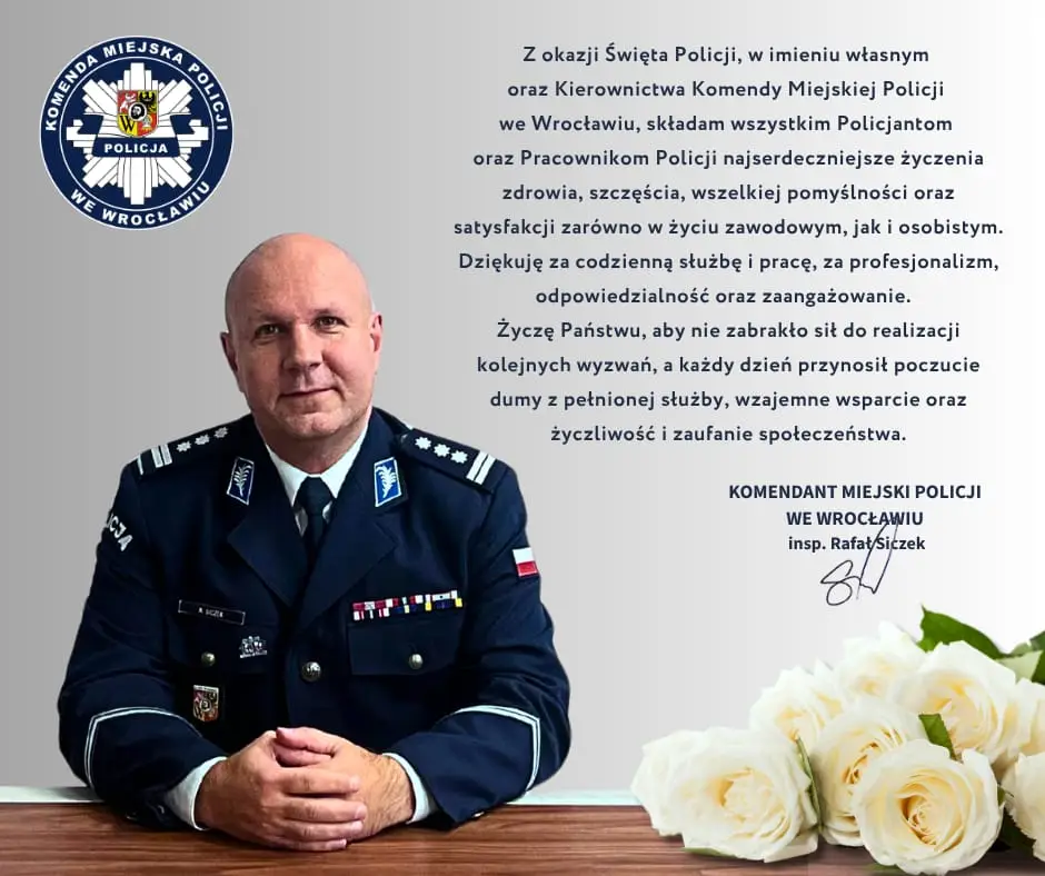 Życzenia Komendanta Miejskiego Policji we Wrocławiu z okazji Święta Policji