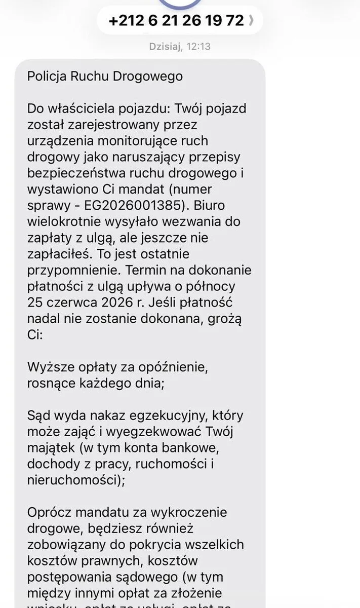 Ostrzeżenie przed fałszywymi wiadomościami o mandatami drogowymi