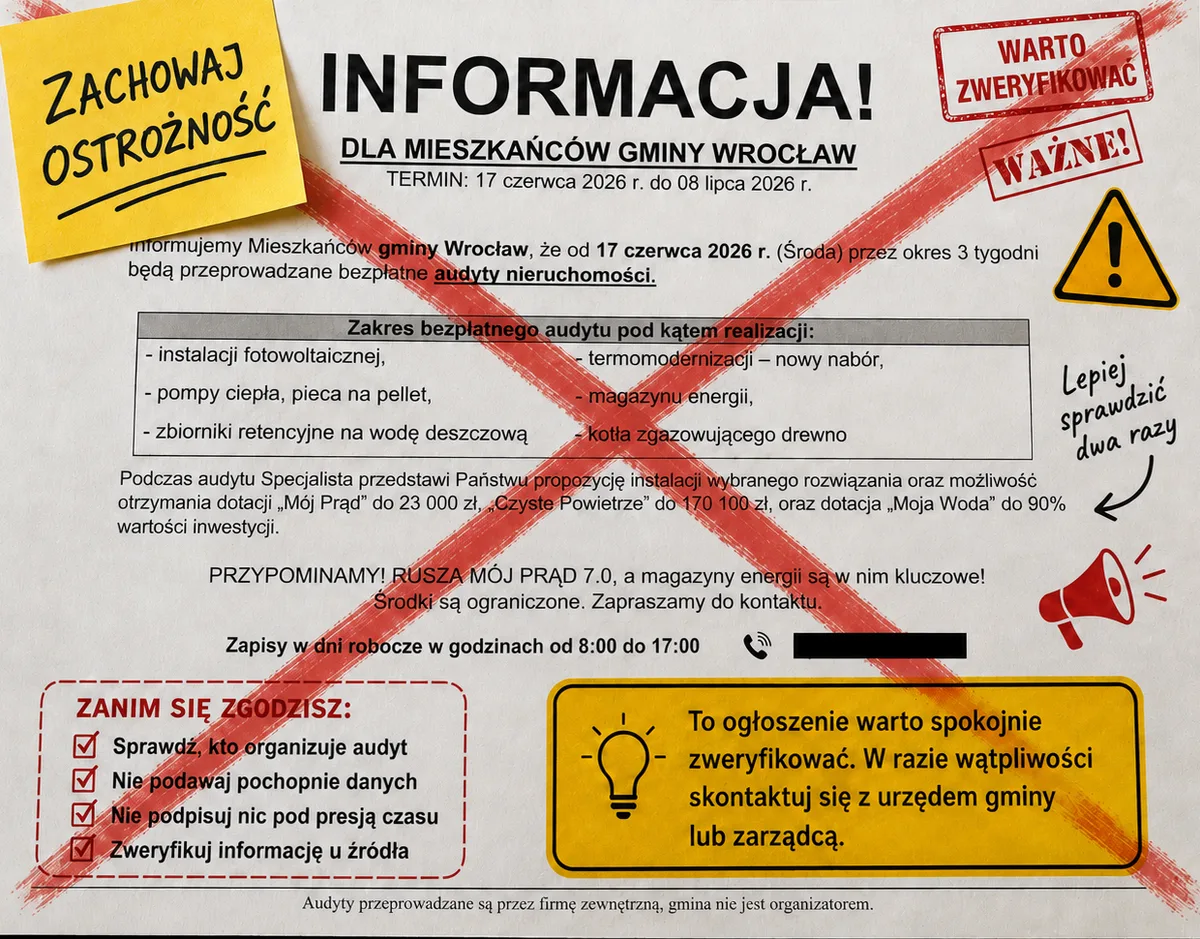 Ostrzeżenie przed ulotkami o „bezpłatnych audytach nieruchomości”