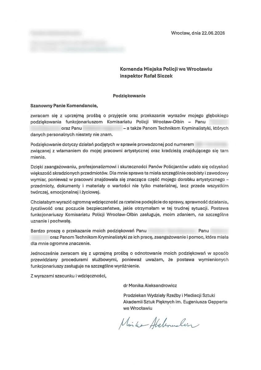 Podziękowania dla policjantów z Wrocławia za profesjonalne działania